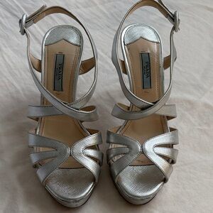 Prada Silver Textured Leather Crisscross Platform Heels